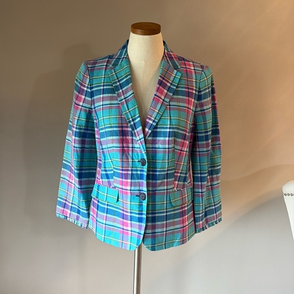 NWOT Talbots Madras linen plaid sunshine blazer 2 button front ruffle cuff 6 - Picture 12 of 17